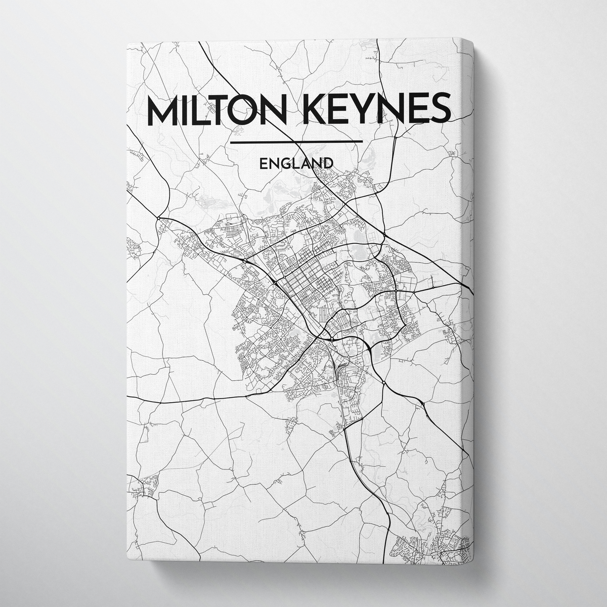 Milton Keynes City Map Canvas Wrap - Point Two Design - Black &amp; White Print