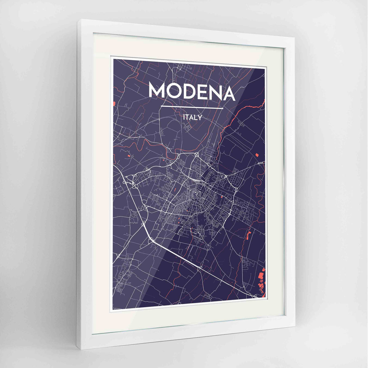 Framed Modena Map Art Print 24x36&quot; Contemporary White frame Point Two Design Group