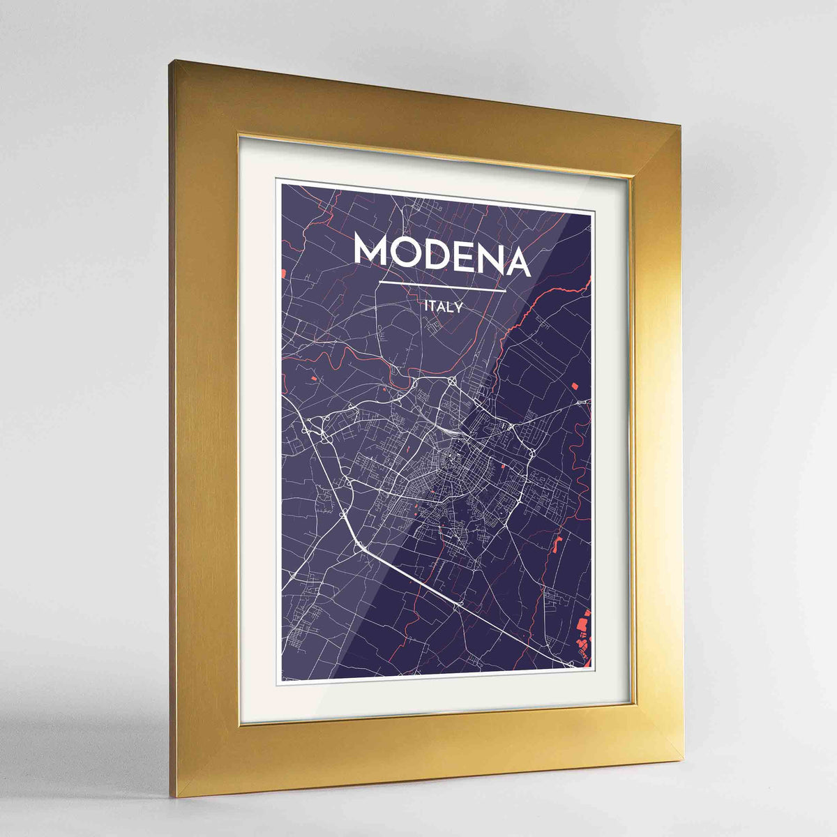 Framed Modena Map Art Print 24x36&quot; Gold frame Point Two Design Group