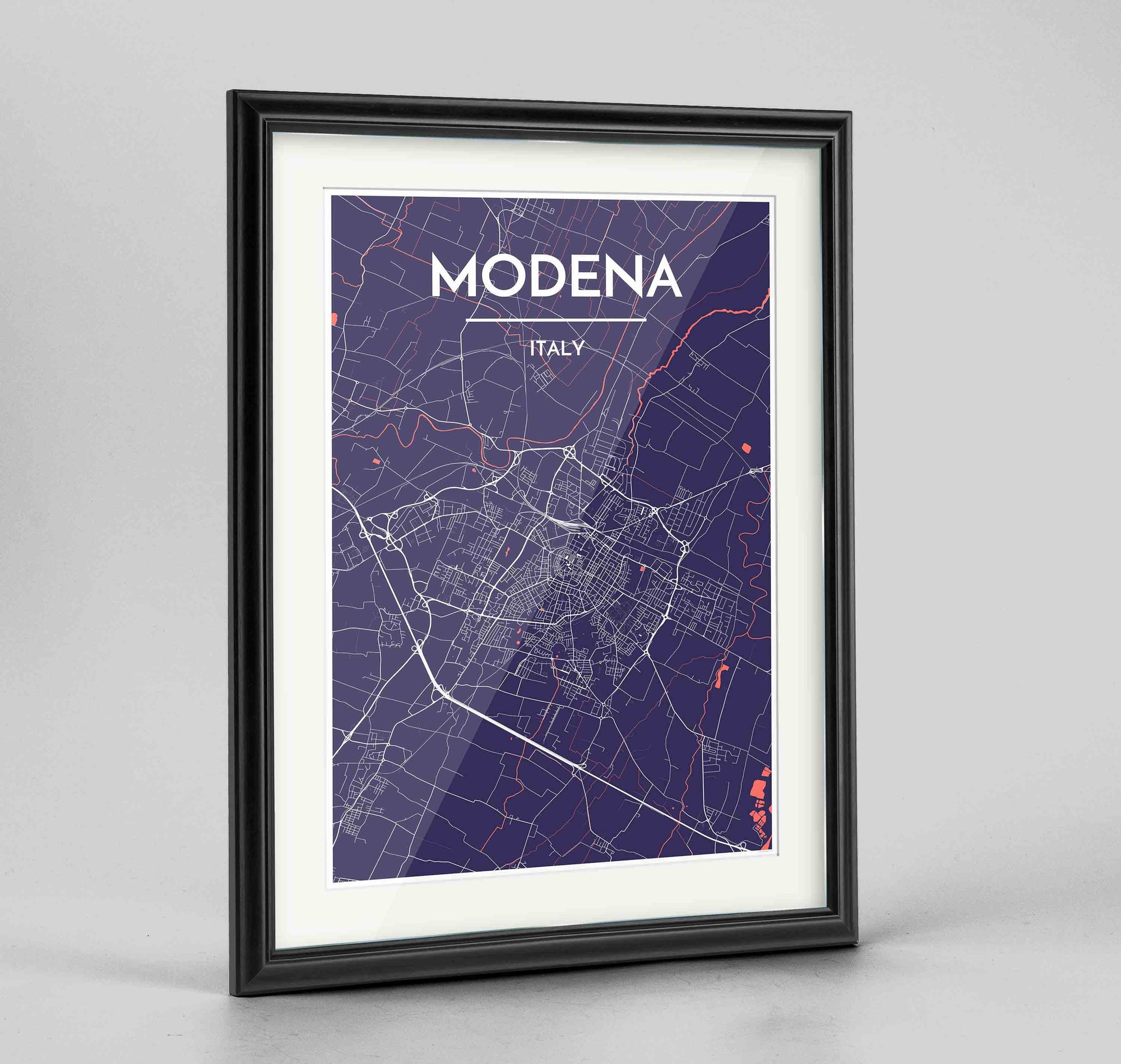 Framed Modena Map Art Print 24x36" Traditional Black frame Point Two Design Group