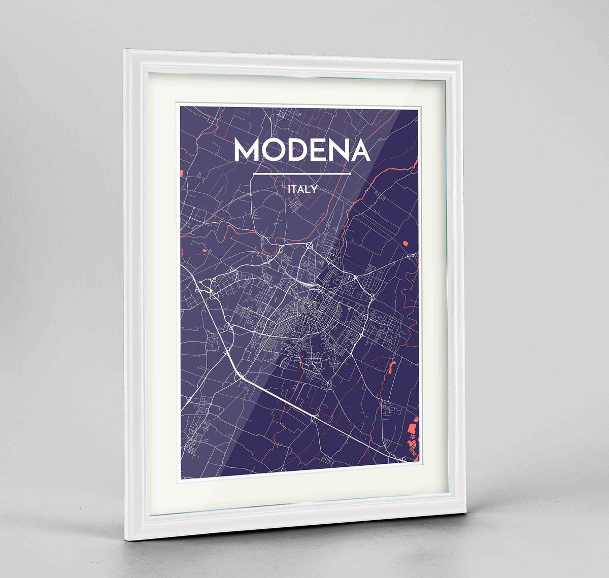 Framed Modena Map Art Print 24x36&quot; Traditional White frame Point Two Design Group