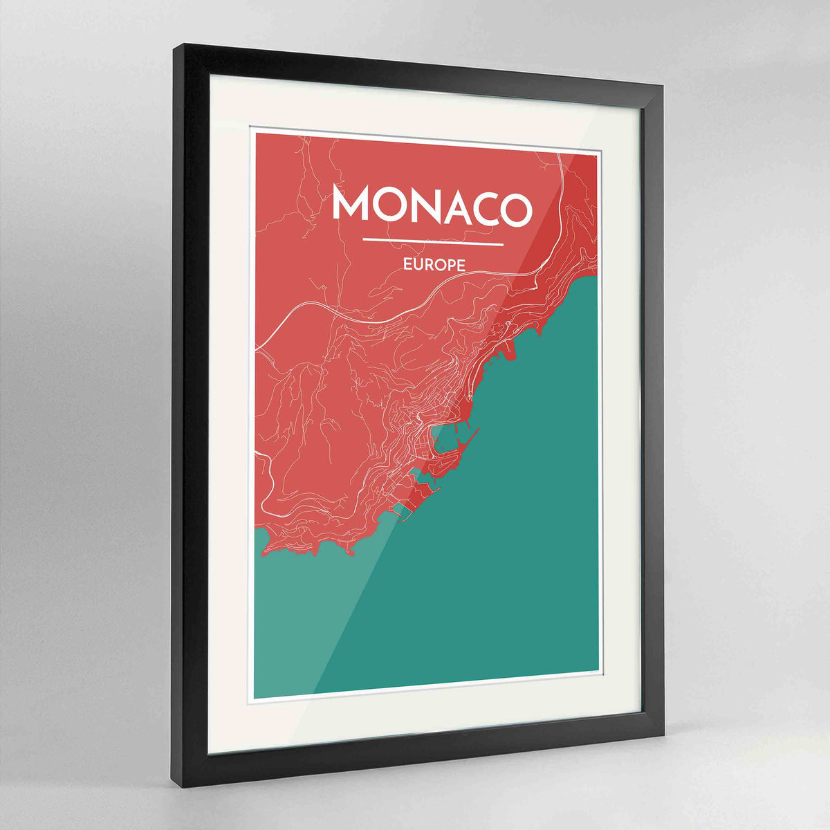 Framed Monaco Map Art Print 24x36&quot; Contemporary Black frame Point Two Design Group