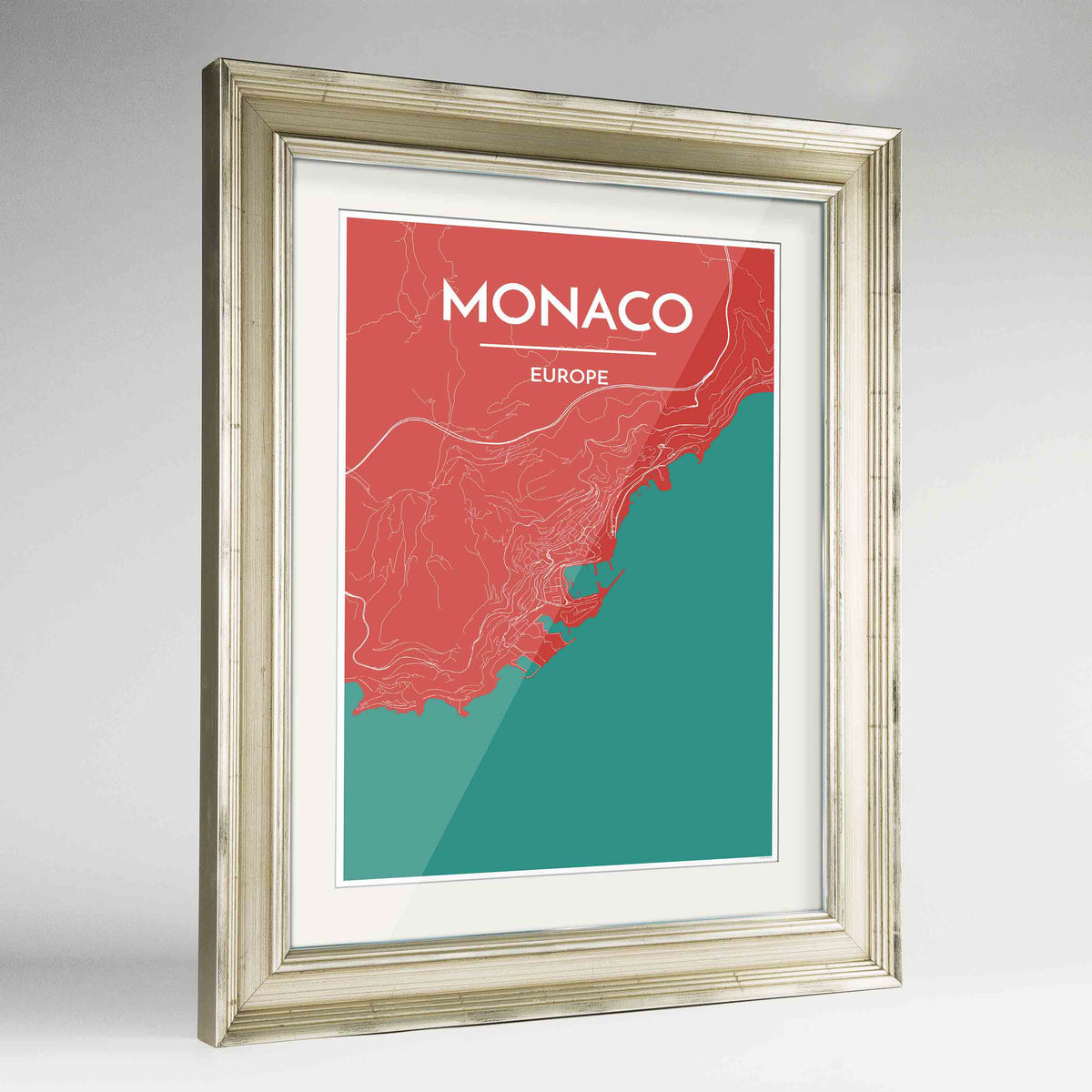 Framed Monaco Map Art Print 24x36&quot; Champagne frame Point Two Design Group