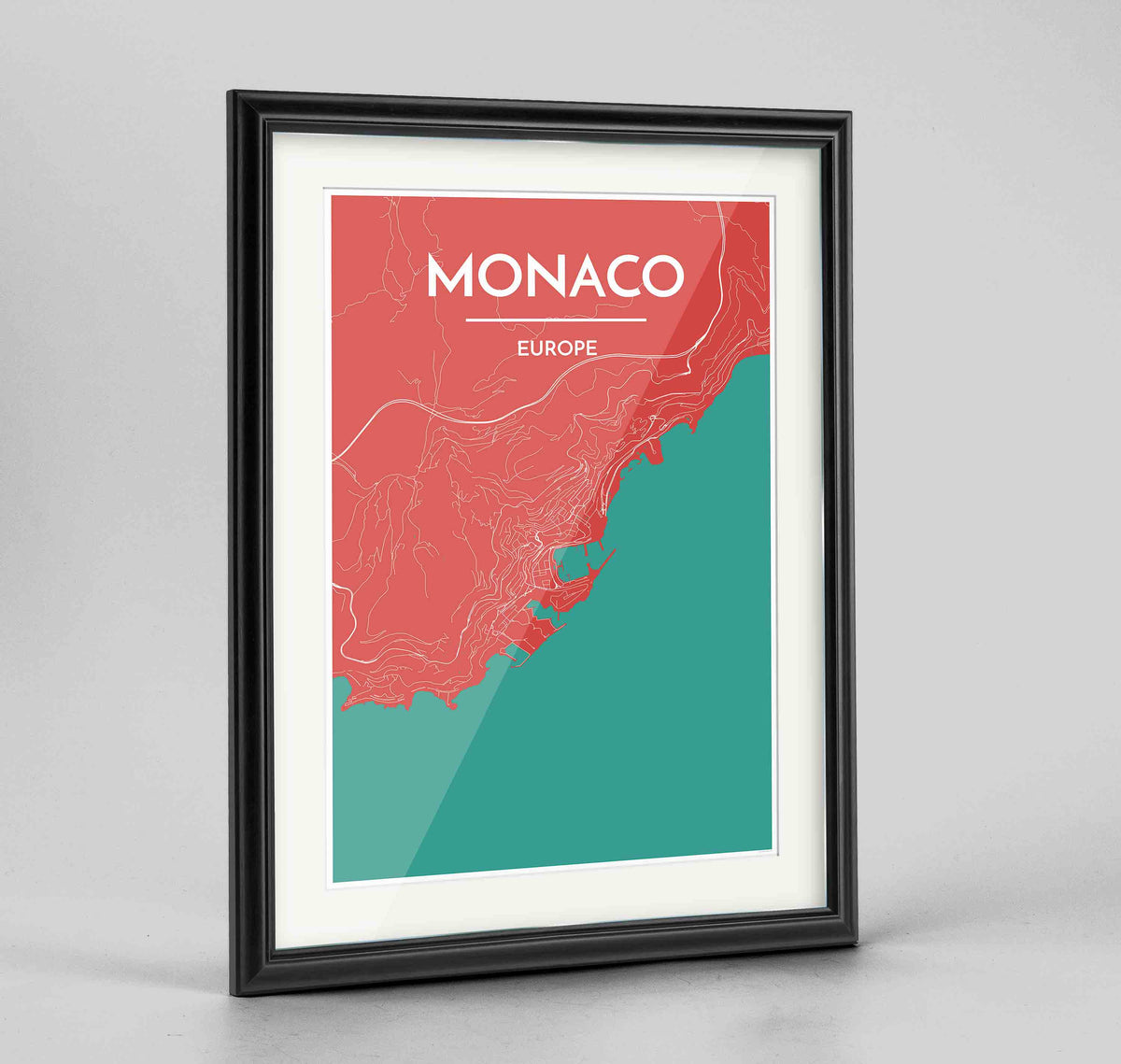 Framed Monaco Map Art Print 24x36&quot; Traditional Black frame Point Two Design Group