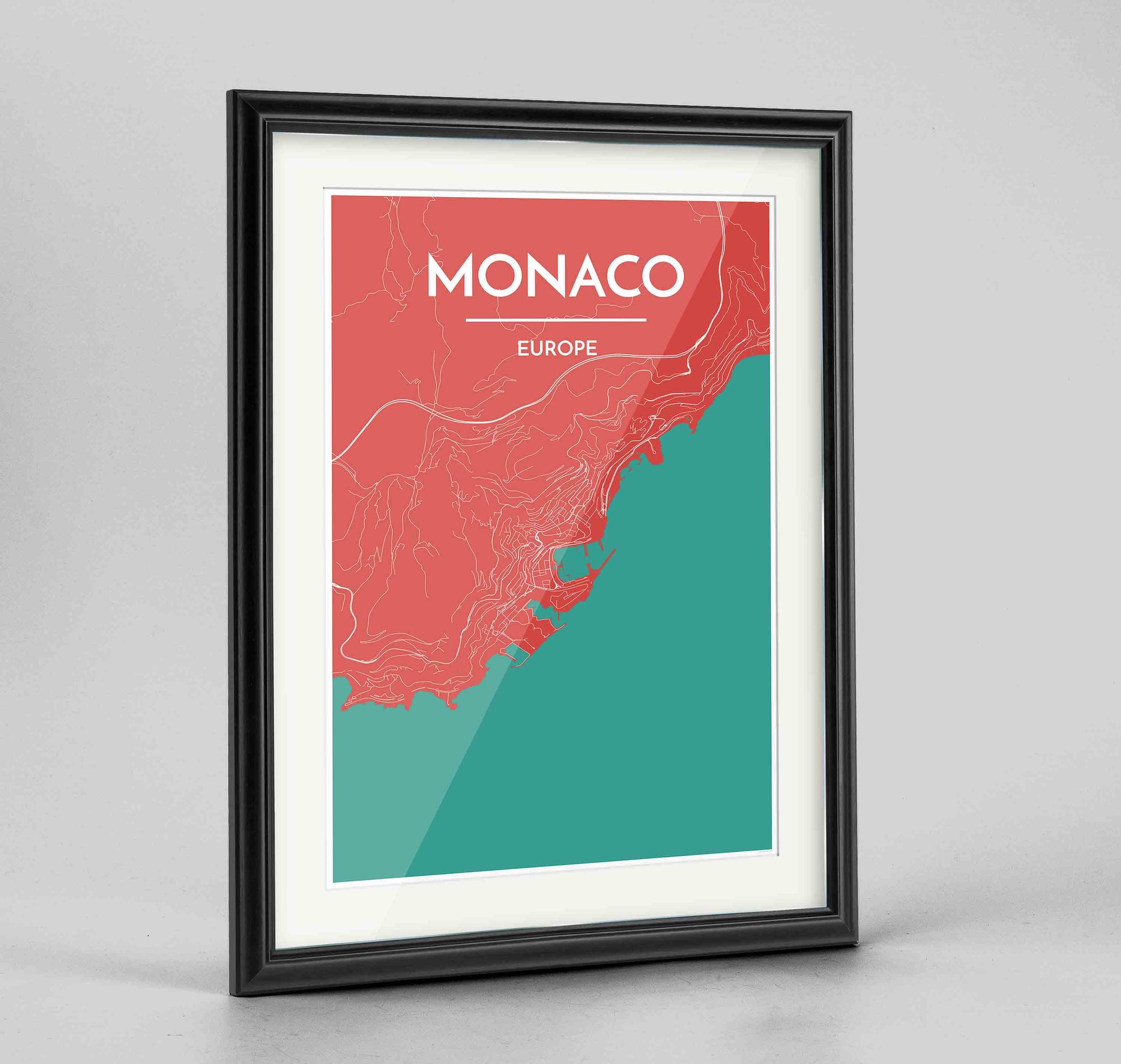 Framed Monaco Map Art Print 24x36" Traditional Black frame Point Two Design Group