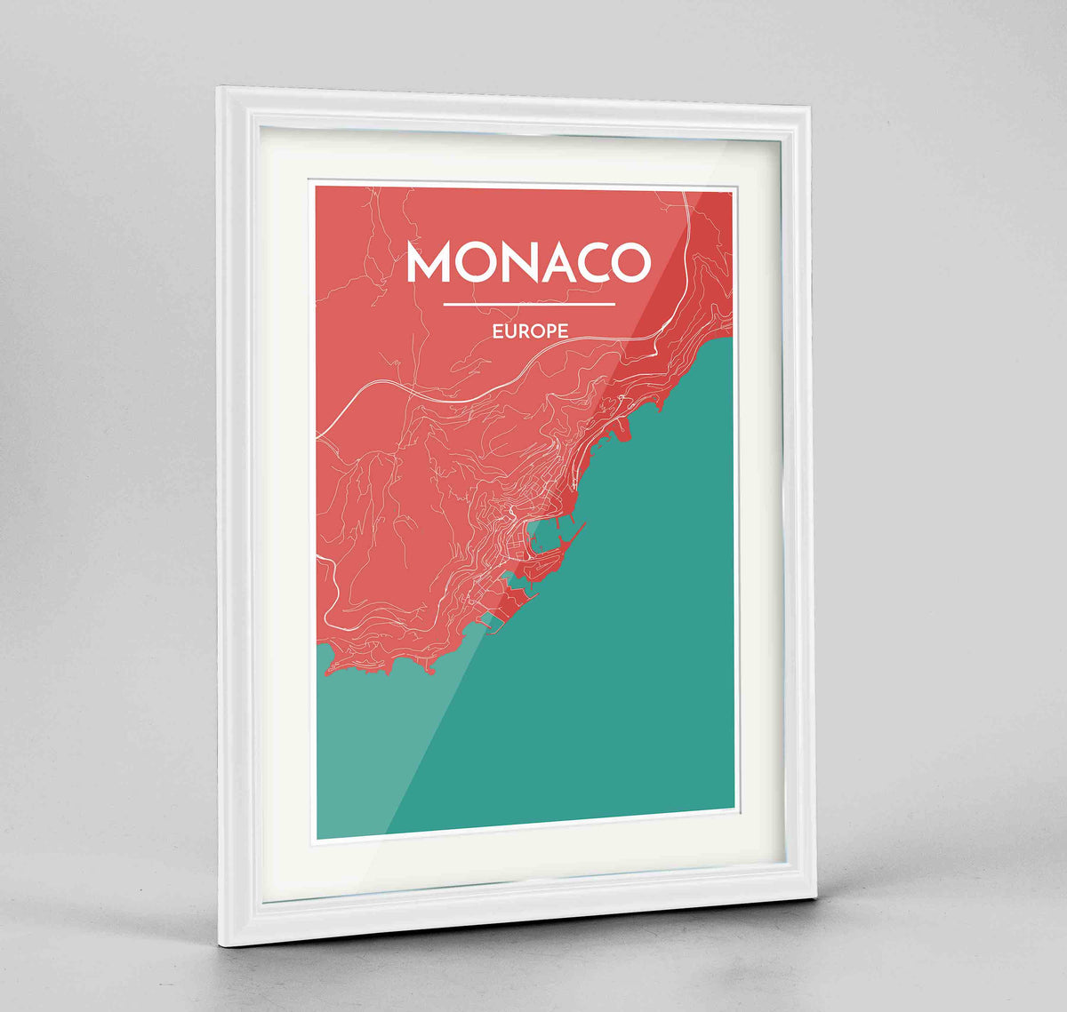 Framed Monaco Map Art Print 24x36&quot; Traditional White frame Point Two Design Group