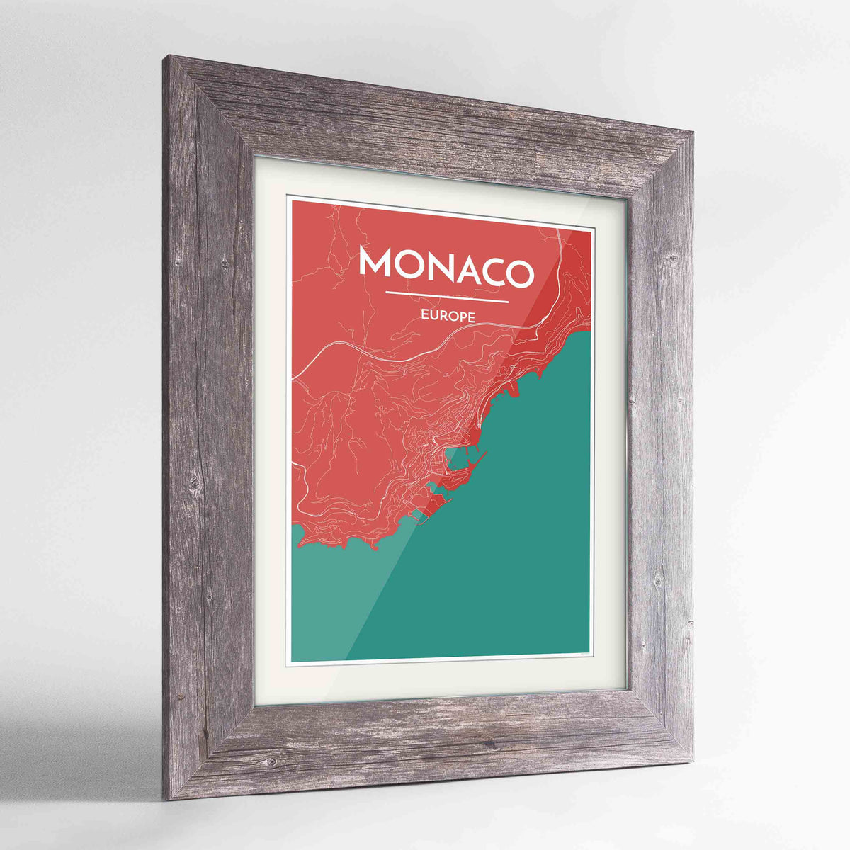 Framed Monaco Map Art Print 24x36&quot; Western Grey frame Point Two Design Group