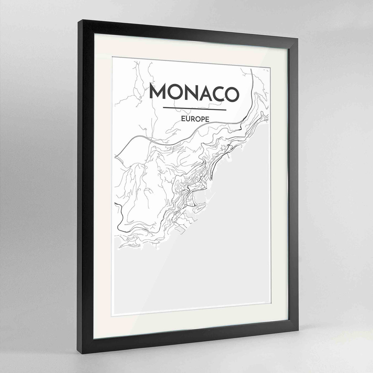 Framed Monaco Map Art Print 24x36&quot; Contemporary Black frame Point Two Design Group