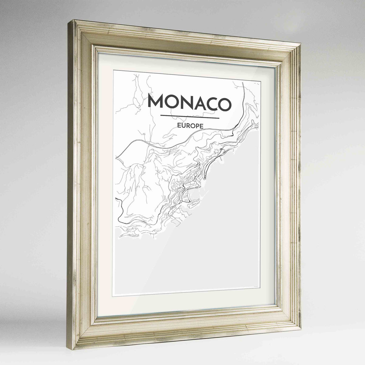 Framed Monaco Map Art Print 24x36&quot; Champagne frame Point Two Design Group