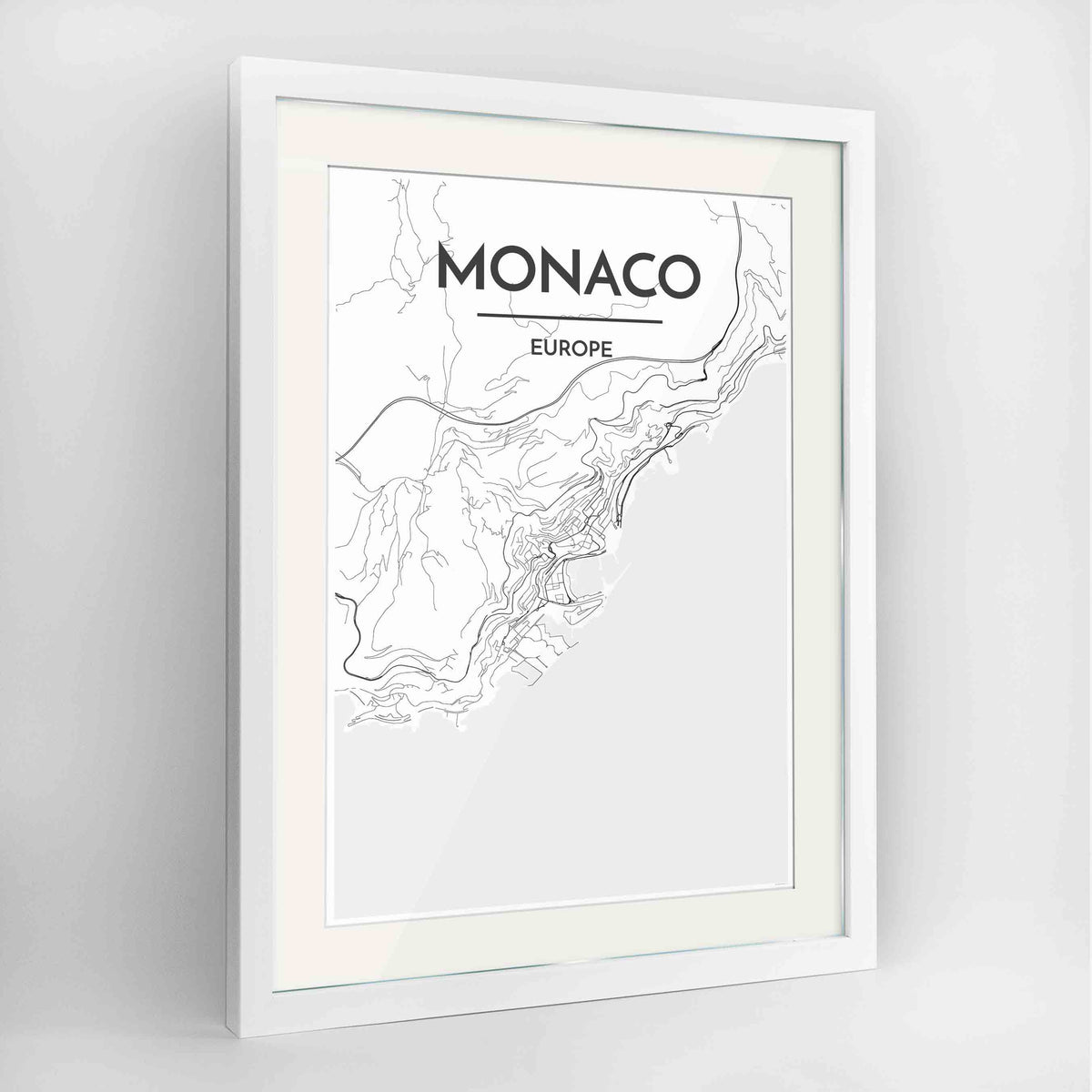 Framed Monaco Map Art Print 24x36&quot; Contemporary White frame Point Two Design Group