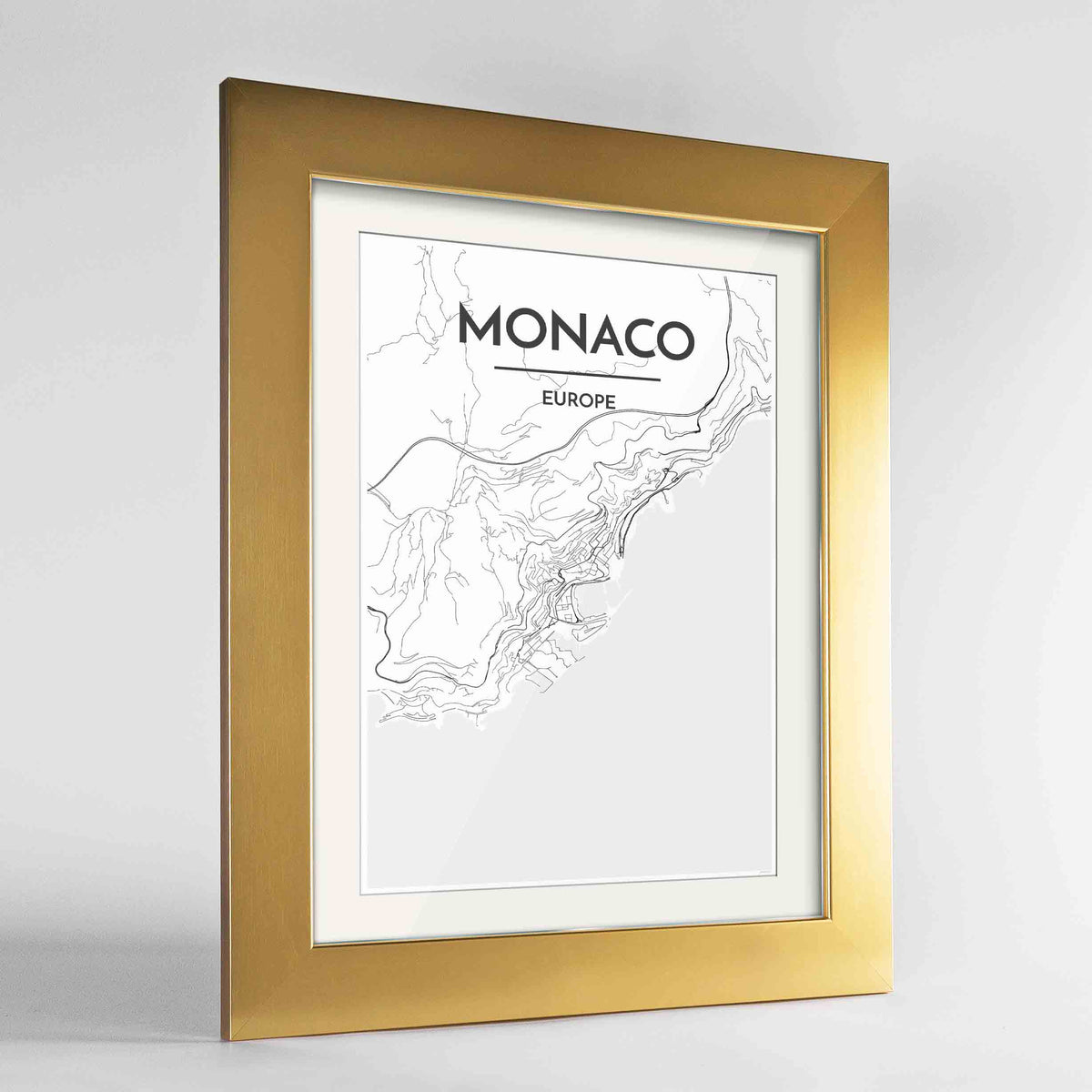 Framed Monaco Map Art Print 24x36&quot; Gold frame Point Two Design Group