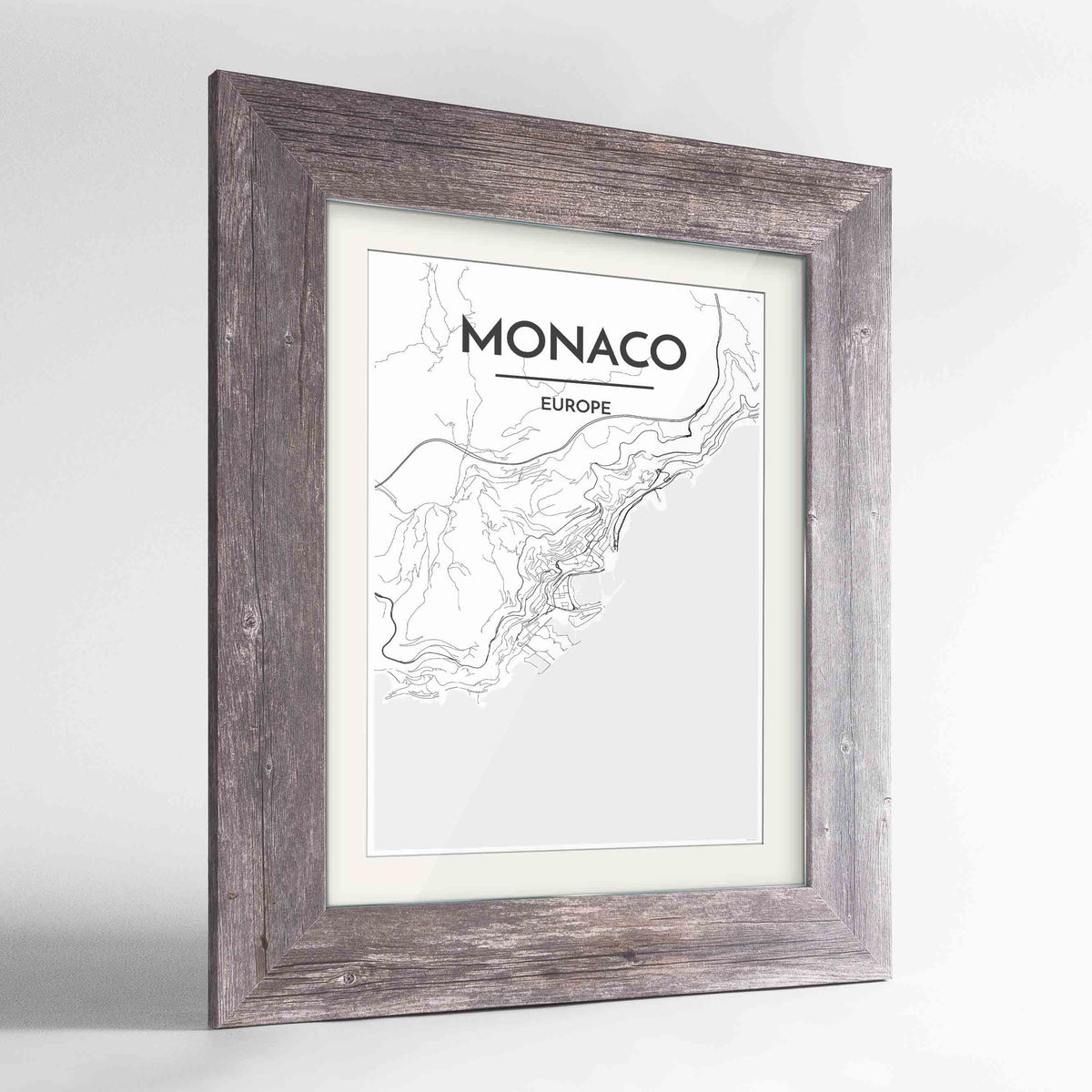 Framed Monaco Map Art Print 24x36&quot; Western Grey frame Point Two Design Group
