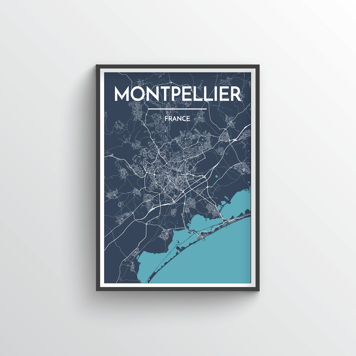 Montpellier City Map Art Print - Point Two Design - Black &amp; White Print