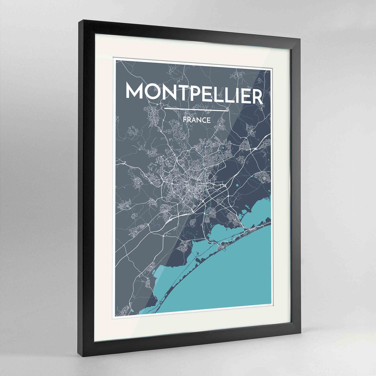 Framed Montpellier Map Art Print 24x36&quot; Contemporary Black frame Point Two Design Group