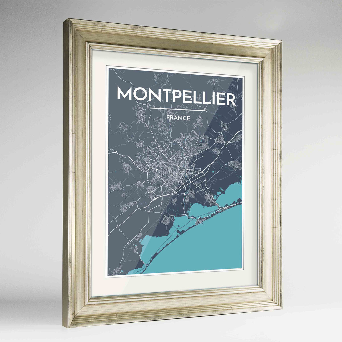 Framed Montpellier Map Art Print 24x36&quot; Champagne frame Point Two Design Group