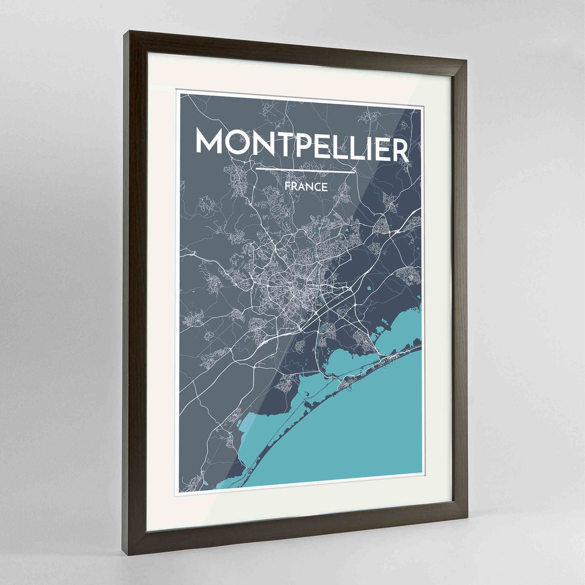Framed Montpellier Map Art Print 24x36&quot; Contemporary Walnut frame Point Two Design Group