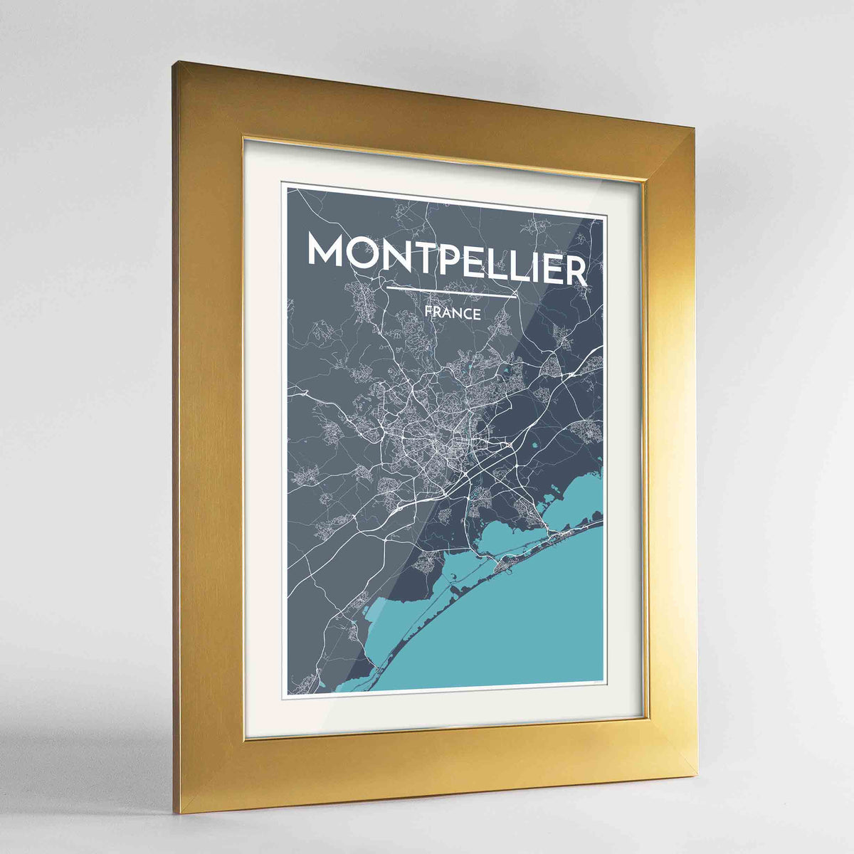Framed Montpellier Map Art Print 24x36&quot; Gold frame Point Two Design Group