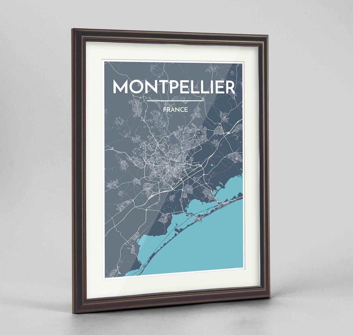 Framed Montpellier Map Art Print 24x36&quot; Traditional Walnut frame Point Two Design Group