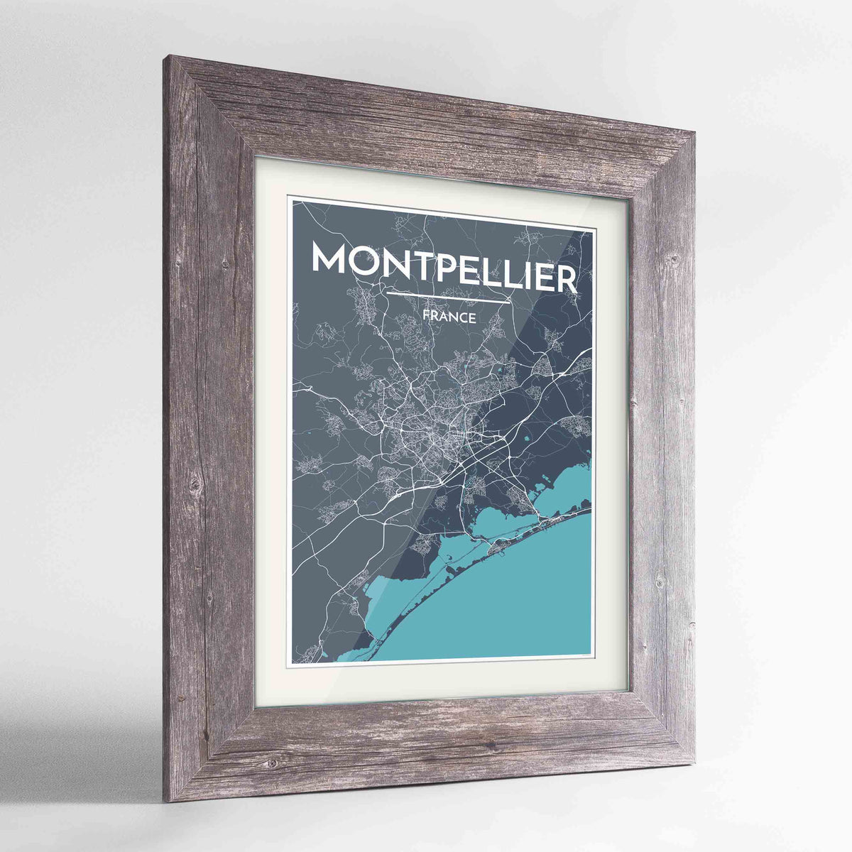 Framed Montpellier Map Art Print 24x36&quot; Western Grey frame Point Two Design Group