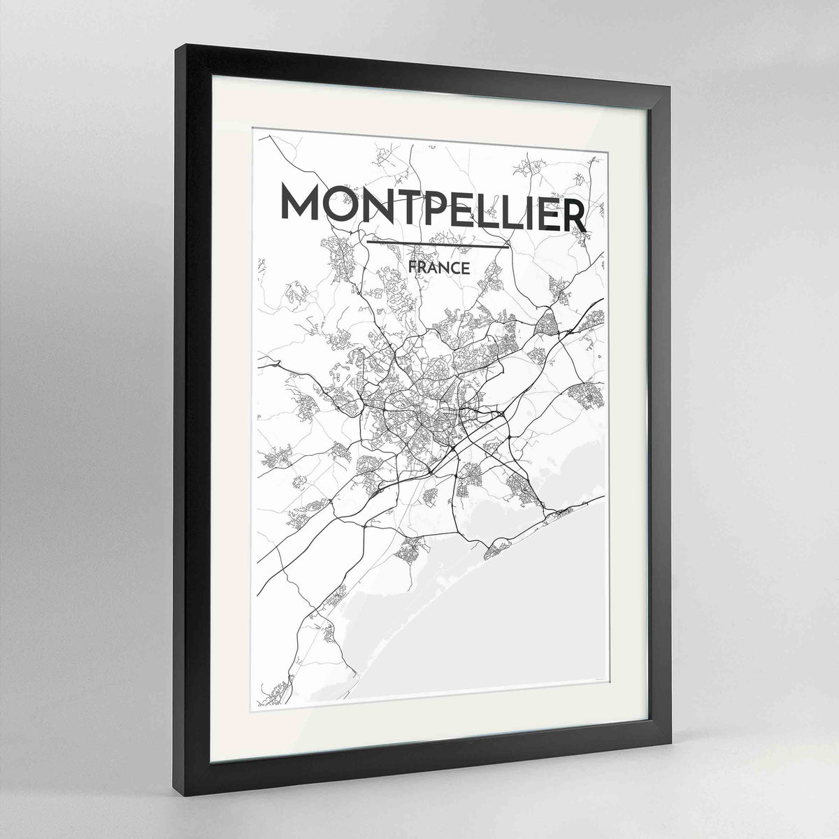 Framed Montpellier Map Art Print 24x36&quot; Contemporary Black frame Point Two Design Group
