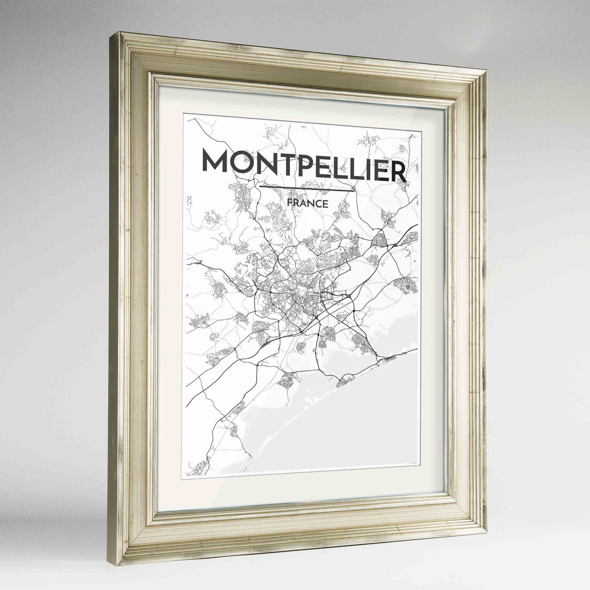 Framed Montpellier Map Art Print 24x36&quot; Champagne frame Point Two Design Group