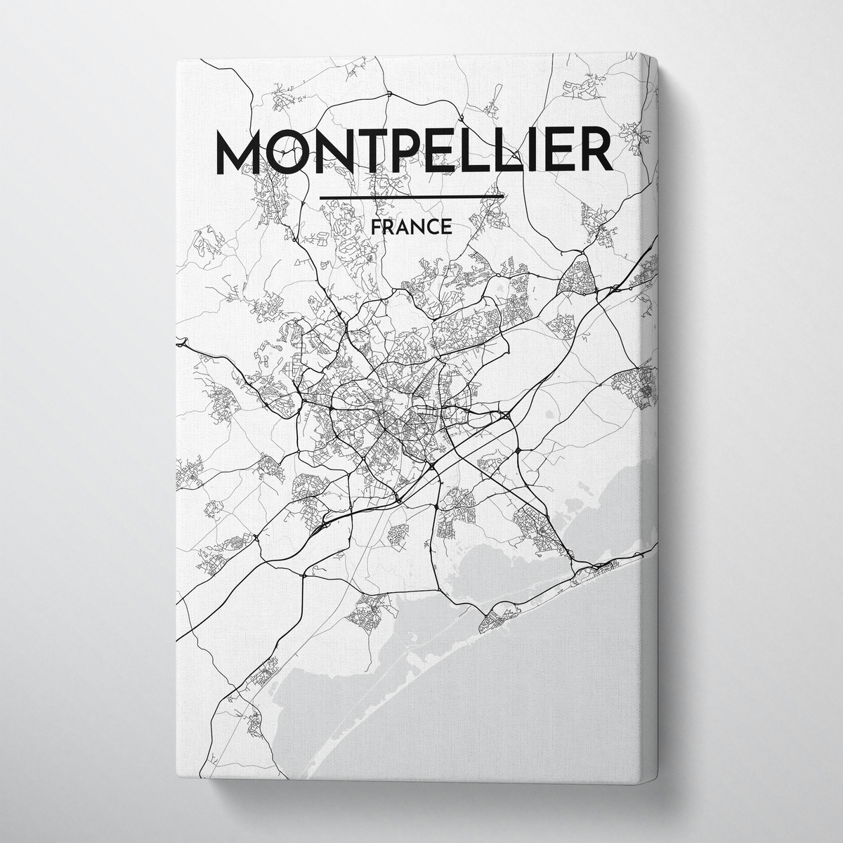 Montpellier City Map Canvas Wrap - Point Two Design - Black &amp; White Print