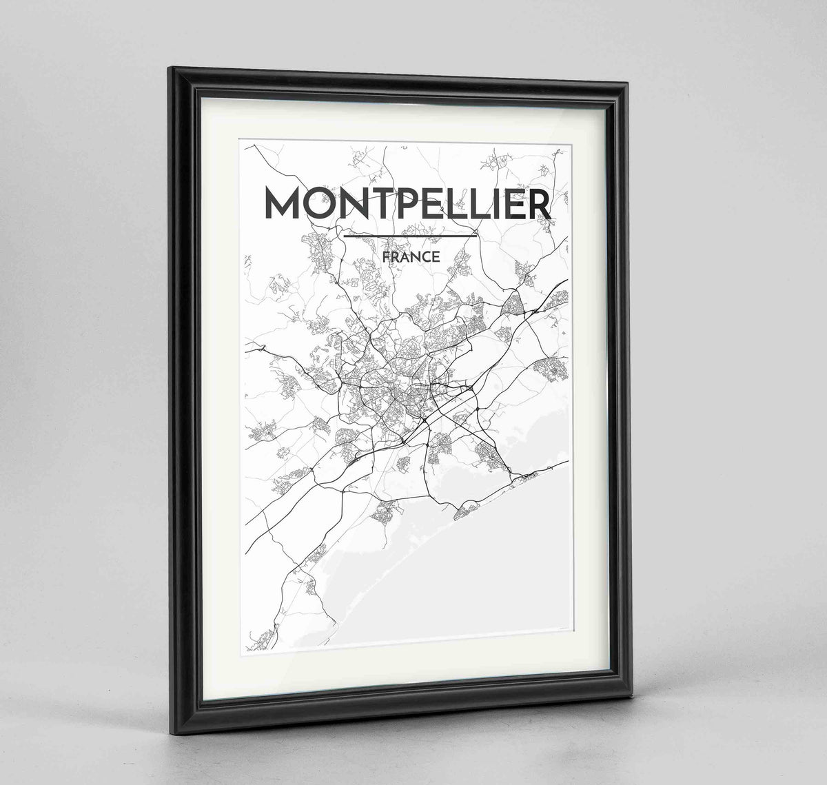 Framed Montpellier Map Art Print 24x36&quot; Traditional Black frame Point Two Design Group