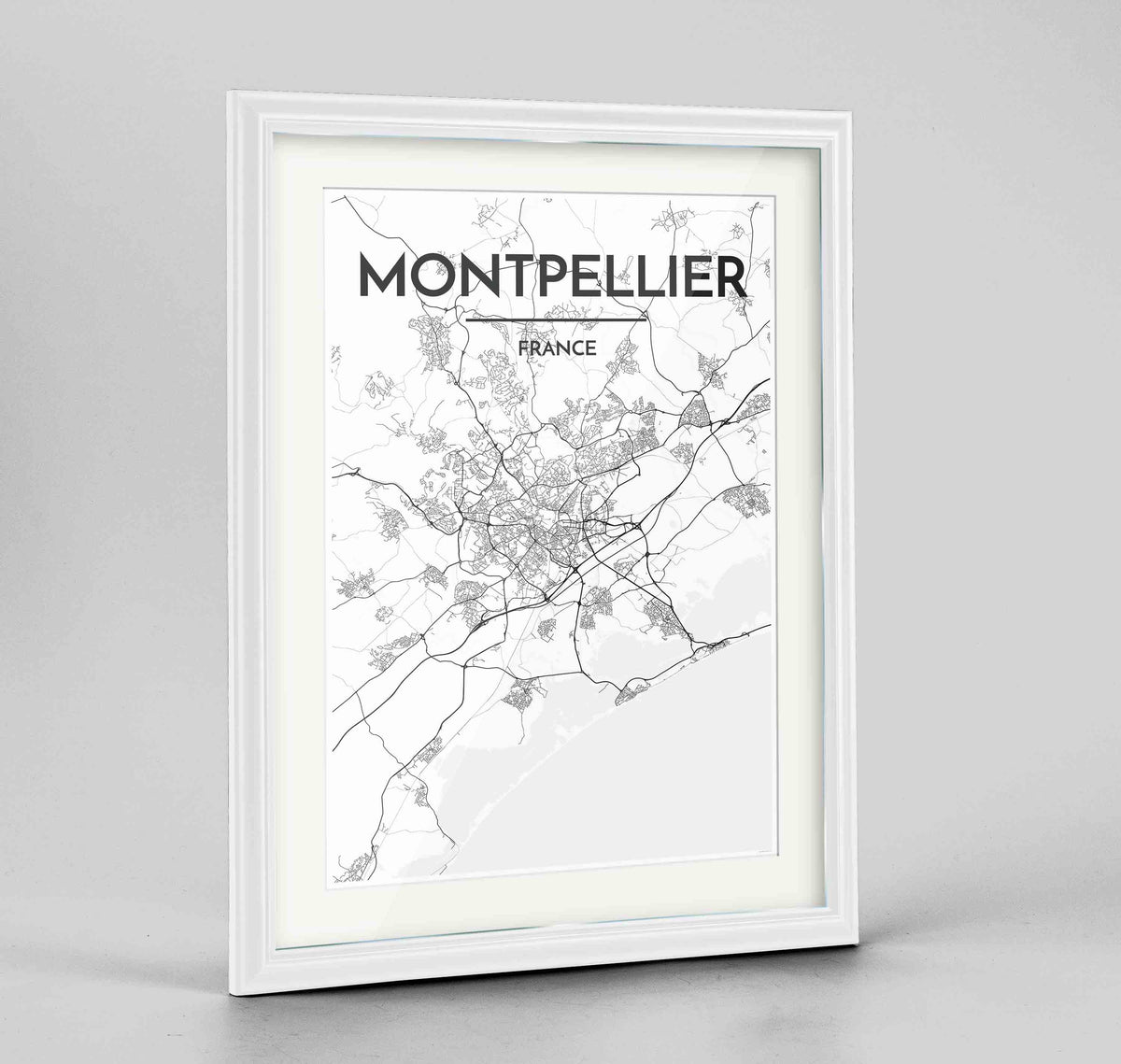 Framed Montpellier Map Art Print 24x36&quot; Traditional White frame Point Two Design Group