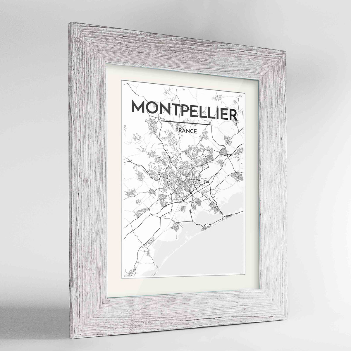 Framed Montpellier Map Art Print 24x36&quot; Western White frame Point Two Design Group