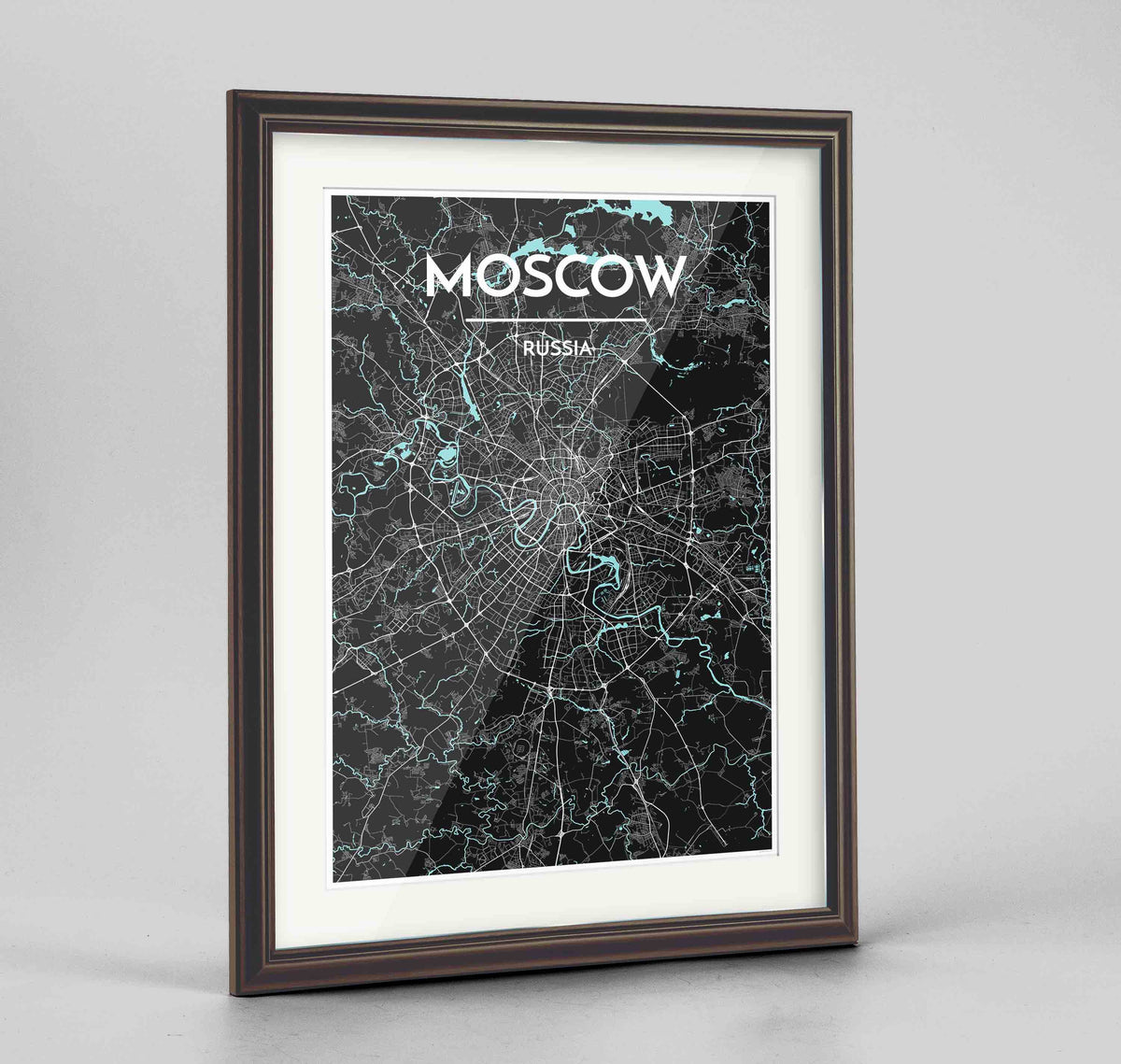 Framed Moscow Map Art Print 24x36&quot; Traditional Walnut frame Point Two Design Group