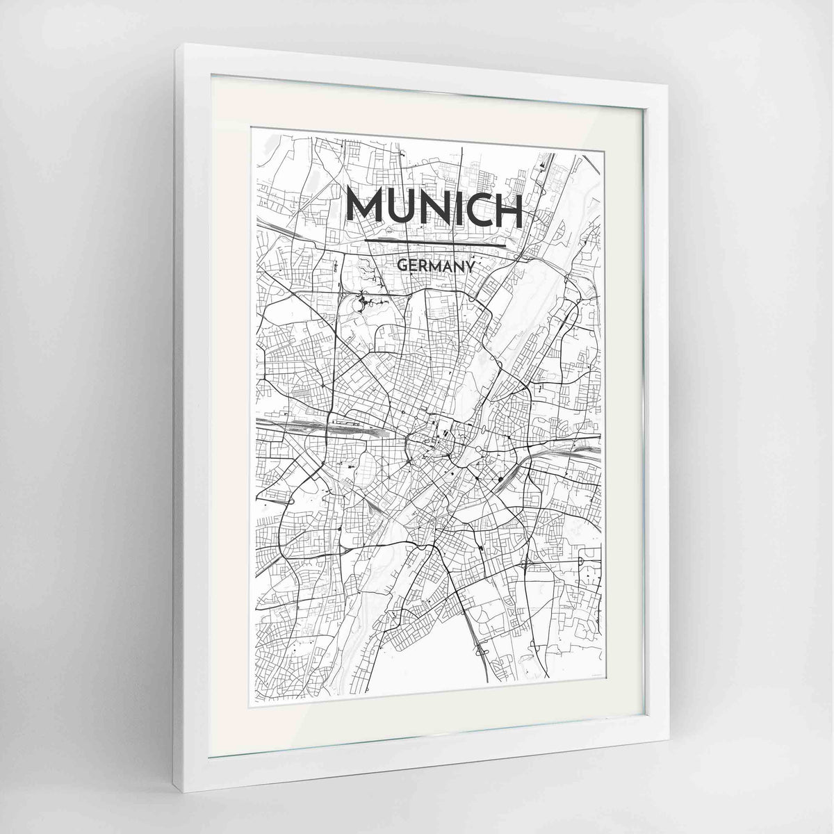 Framed Munich Map Art Print 24x36&quot; Contemporary White frame Point Two Design Group