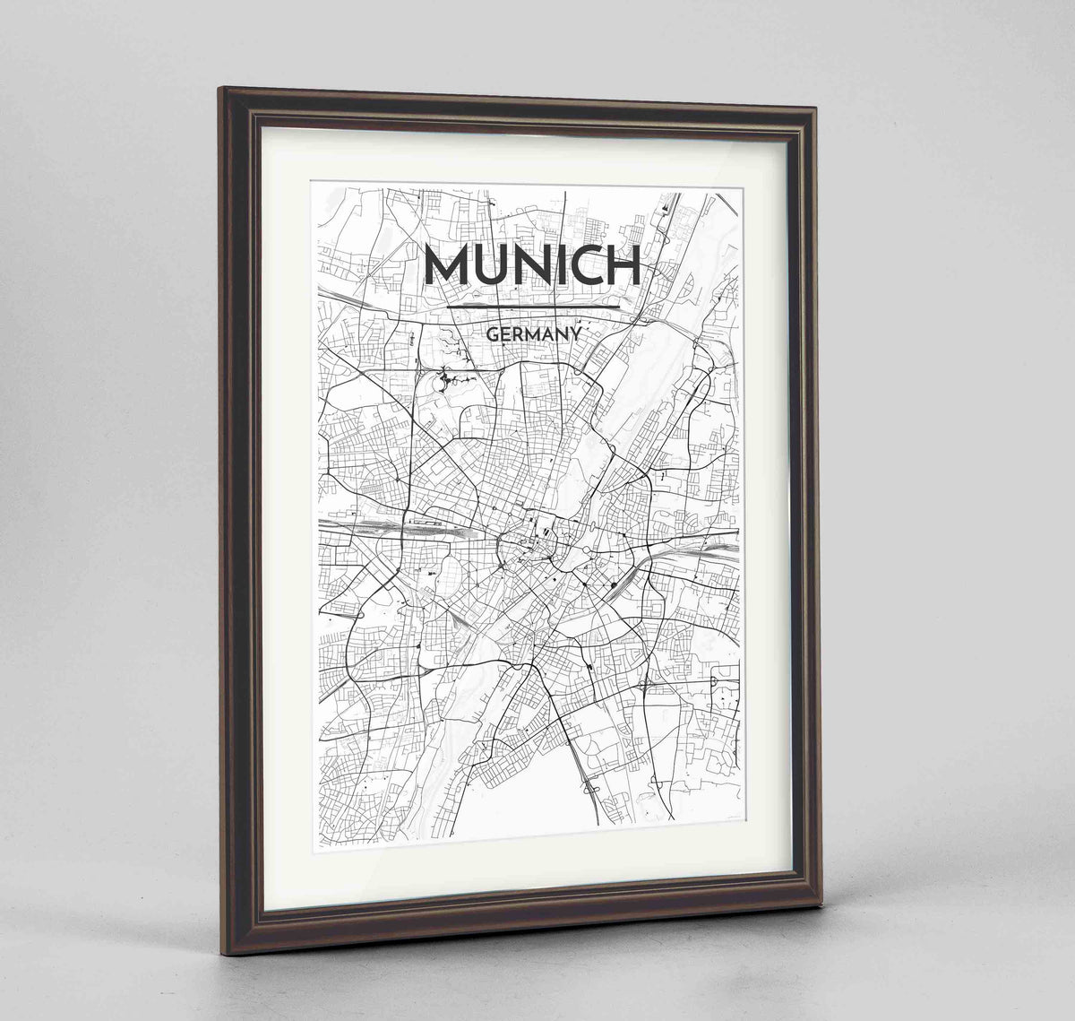 Framed Munich Map Art Print 24x36&quot; Traditional Walnut frame Point Two Design Group