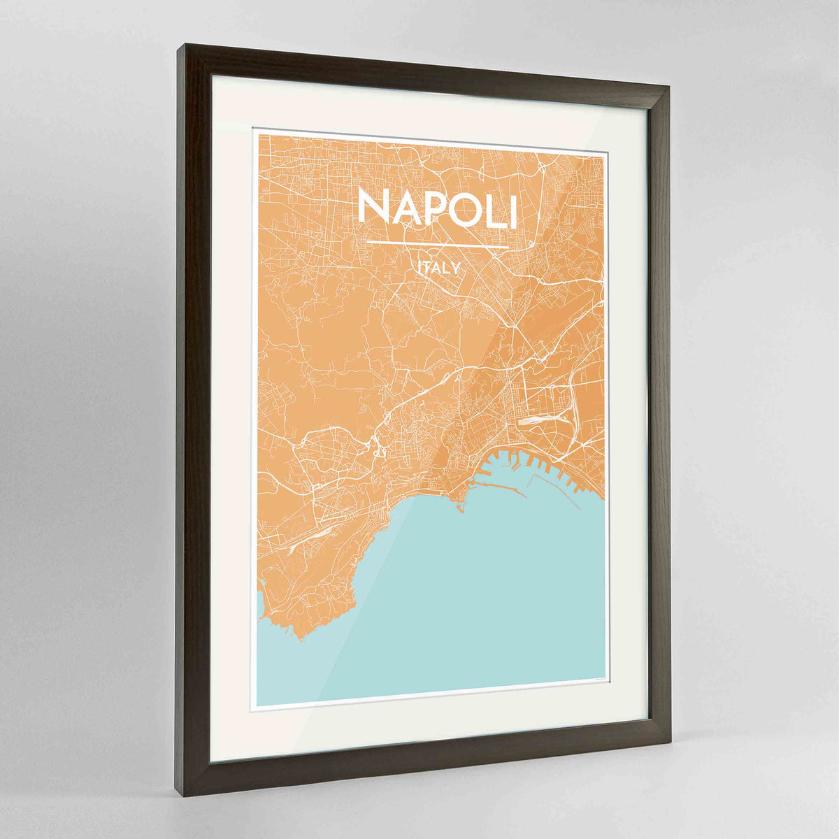 Framed Napoli Map Art Print 24x36&quot; Contemporary Walnut frame Point Two Design Group