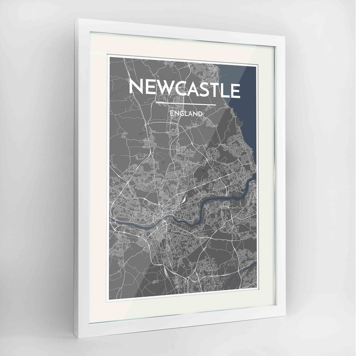 Framed Newcastle Map Art Print 24x36&quot; Contemporary White frame Point Two Design Group