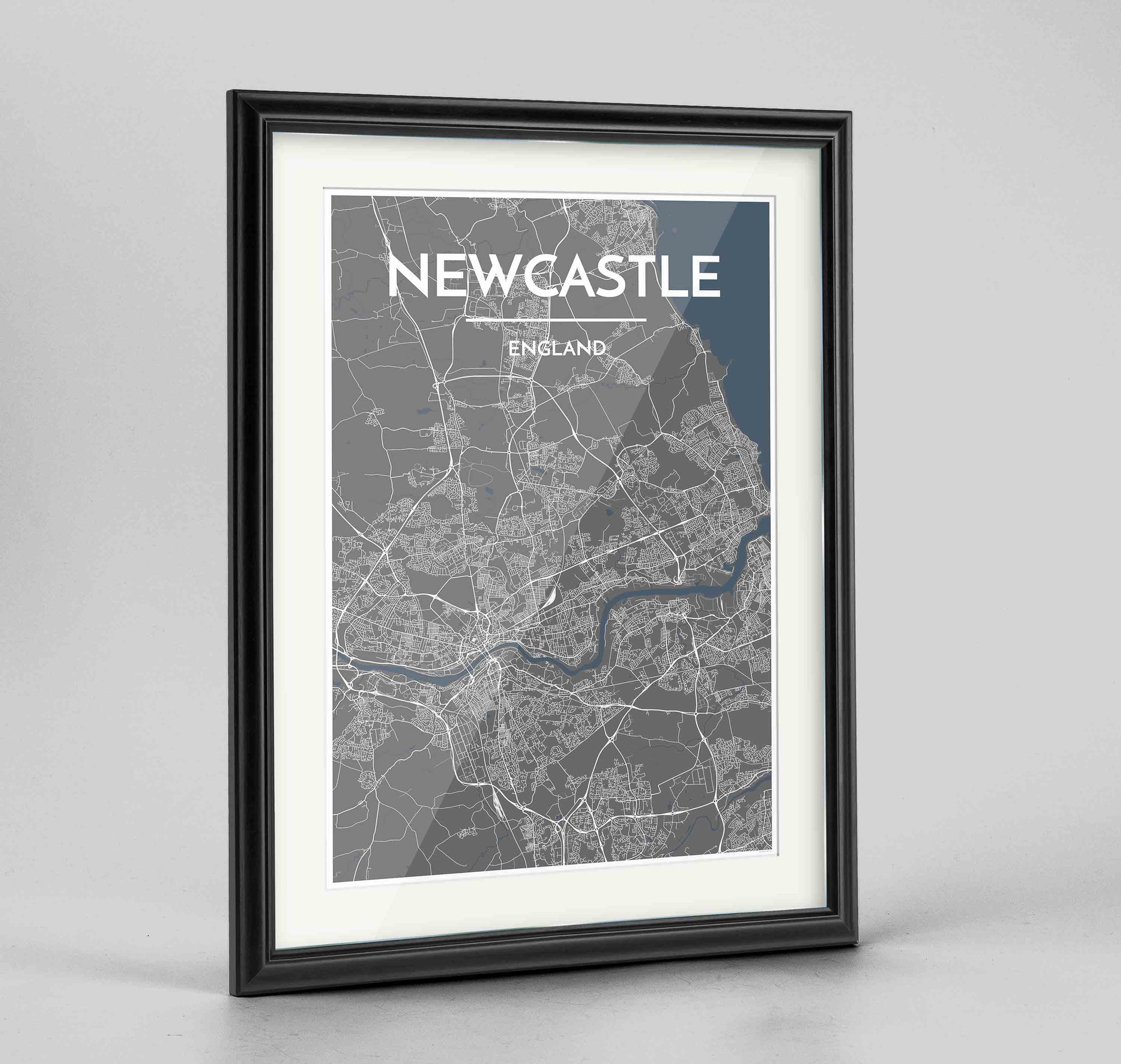 Framed Newcastle Map Art Print 24x36" Traditional Black frame Point Two Design Group