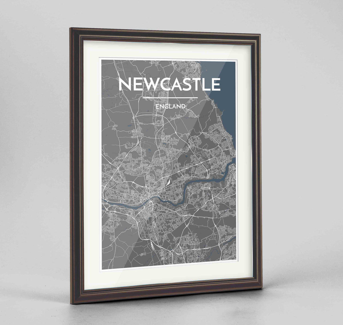 Framed Newcastle Map Art Print 24x36&quot; Traditional Walnut frame Point Two Design Group
