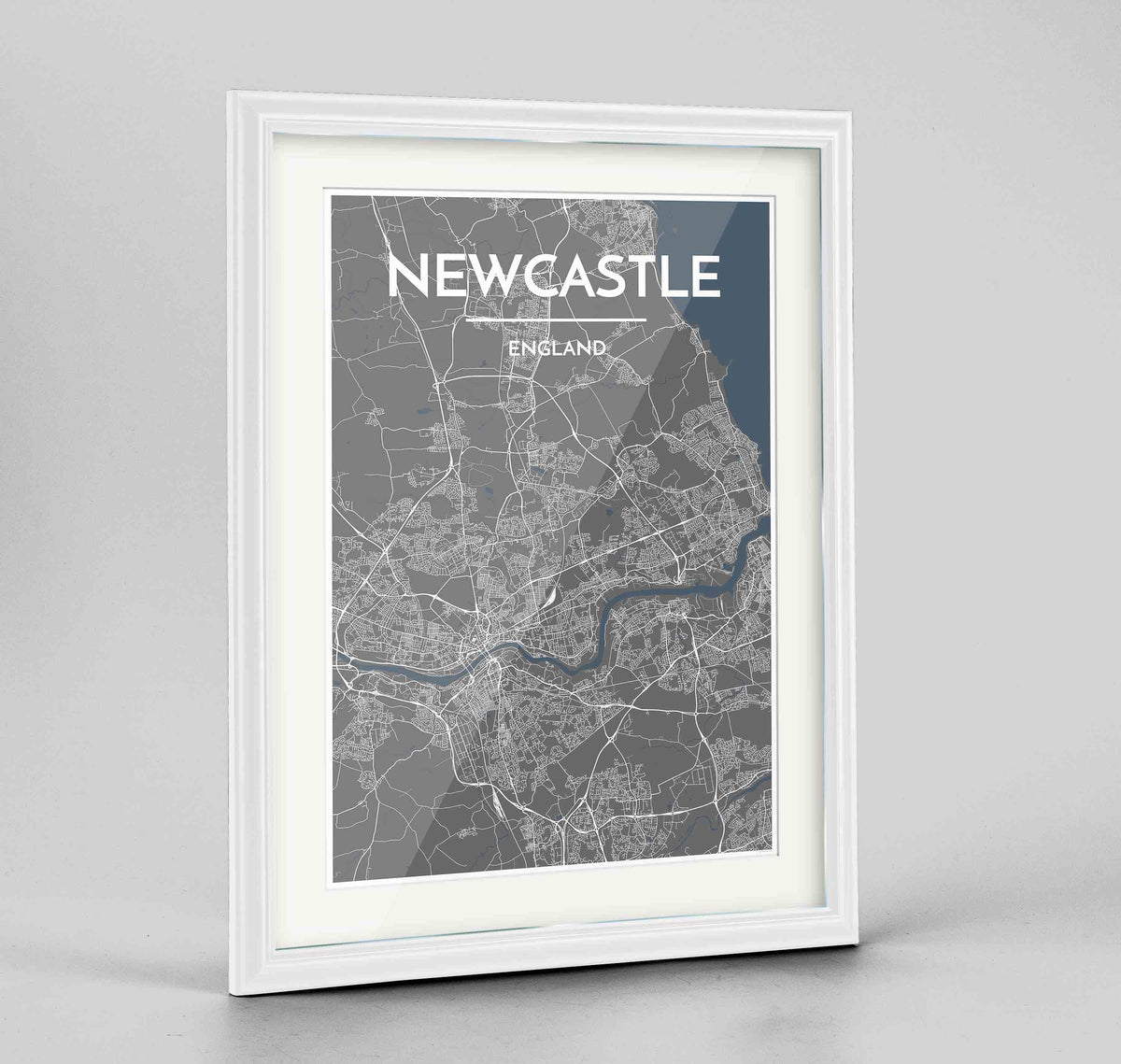 Framed Newcastle Map Art Print 24x36&quot; Traditional White frame Point Two Design Group