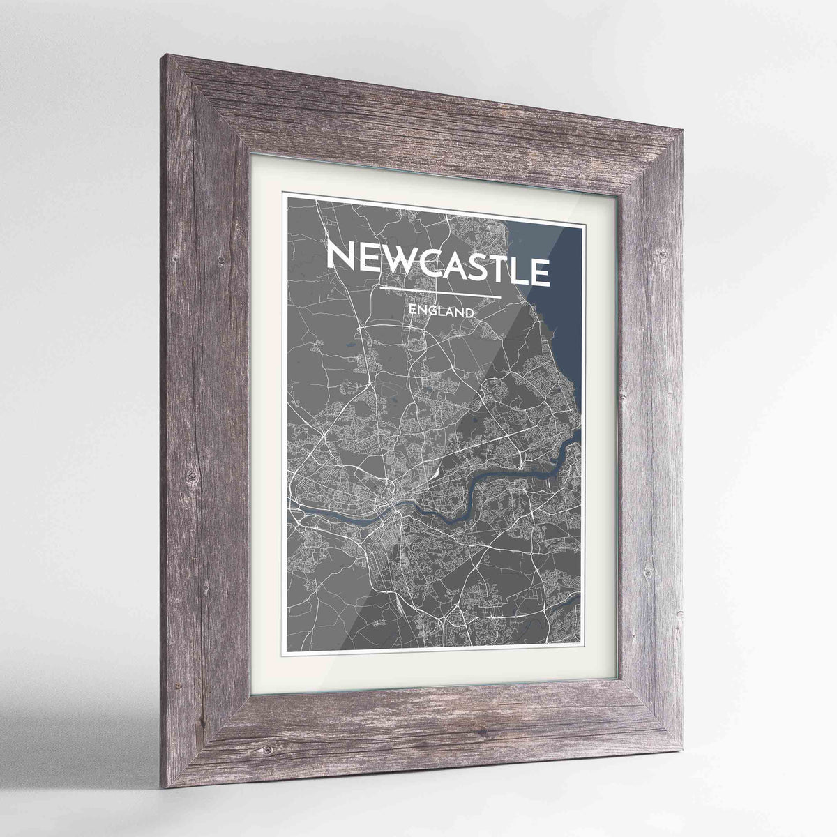 Framed Newcastle Map Art Print 24x36&quot; Western Grey frame Point Two Design Group
