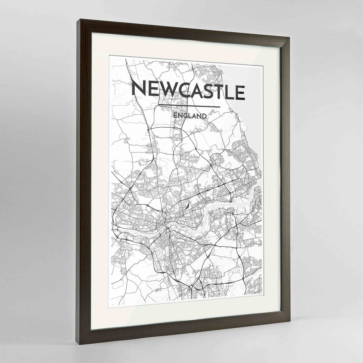 Framed Newcastle Map Art Print 24x36&quot; Contemporary Walnut frame Point Two Design Group