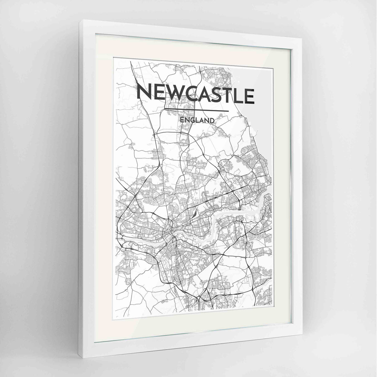 Framed Newcastle Map Art Print 24x36&quot; Contemporary White frame Point Two Design Group