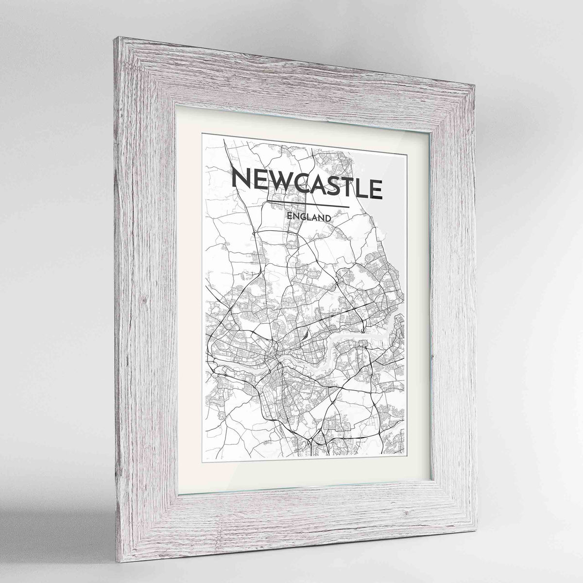 Framed Newcastle Map Art Print 24x36&quot; Western White frame Point Two Design Group