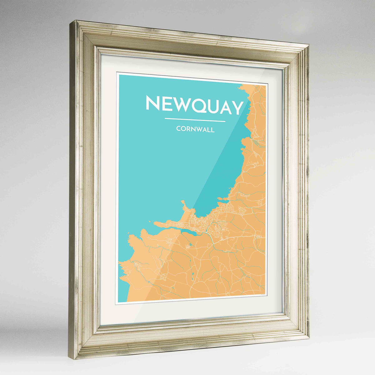 Framed Newquay Map Art Print 24x36&quot; Champagne frame Point Two Design Group