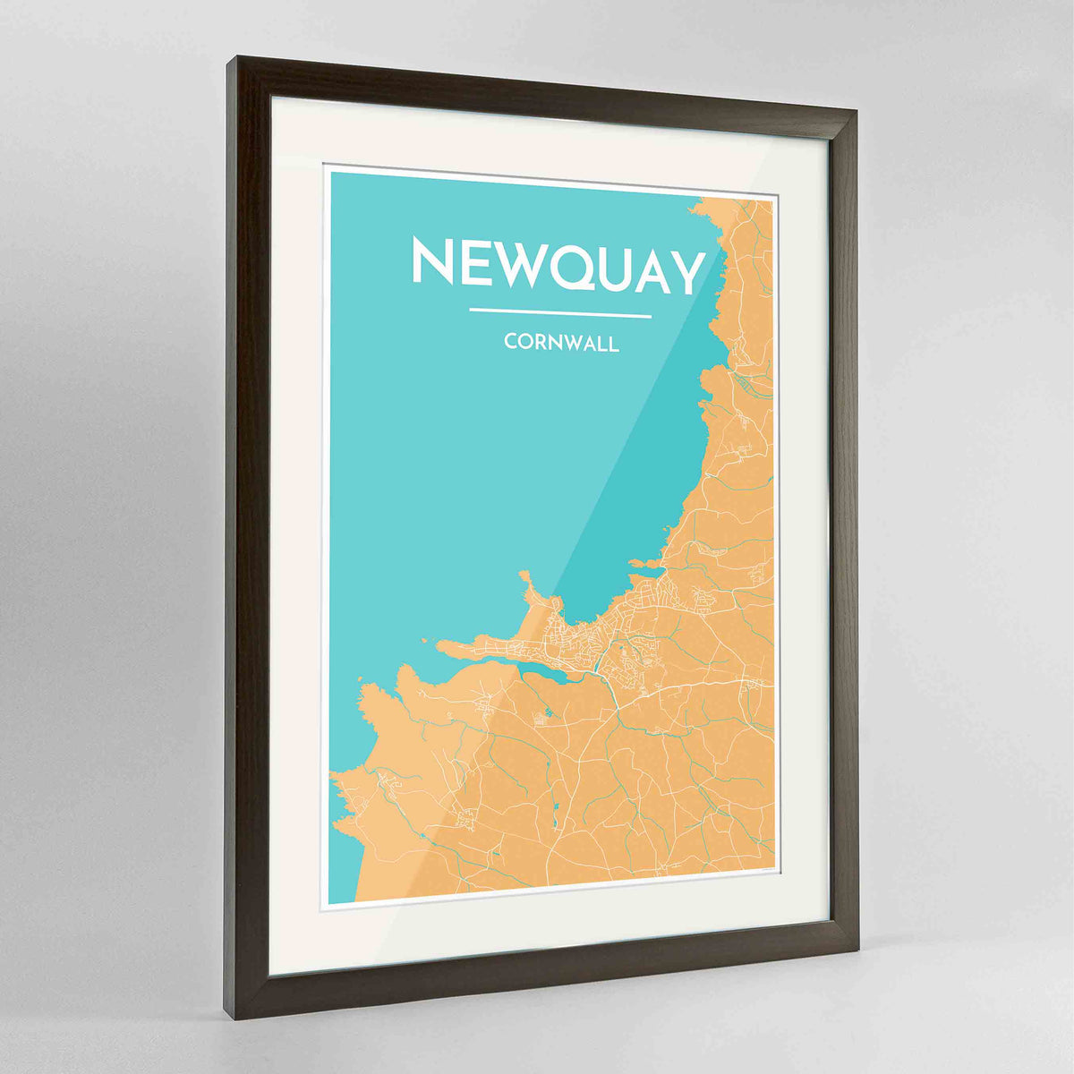 Framed Newquay Map Art Print 24x36&quot; Contemporary Walnut frame Point Two Design Group
