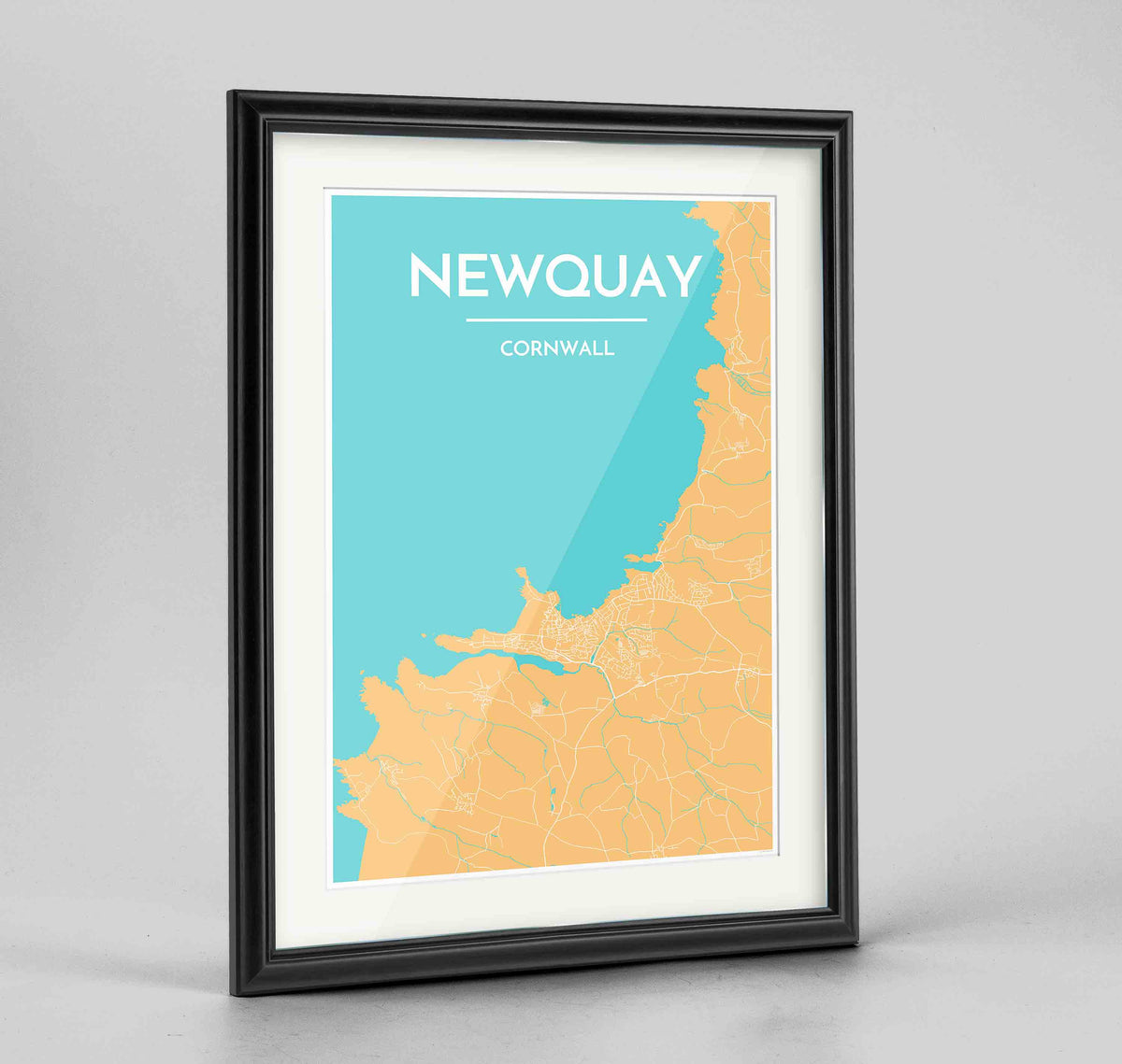Framed Newquay Map Art Print 24x36&quot; Traditional Black frame Point Two Design Group