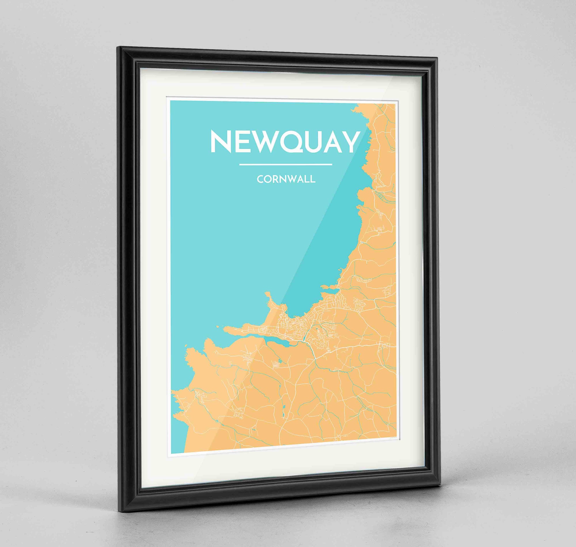 Framed Newquay Map Art Print 24x36" Traditional Black frame Point Two Design Group