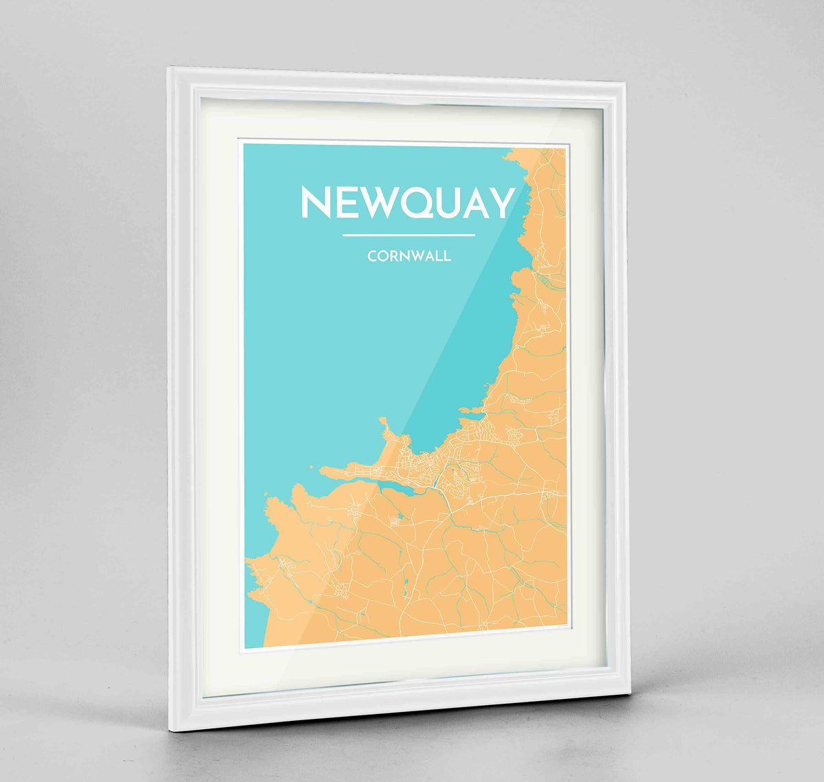 Framed Newquay Map Art Print 24x36&quot; Traditional White frame Point Two Design Group
