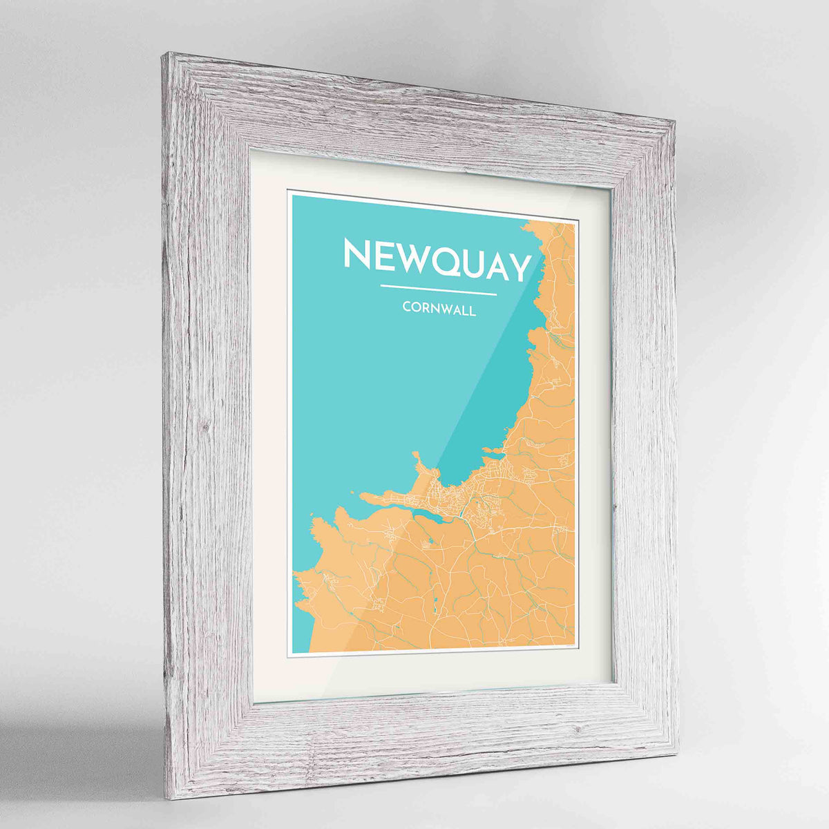 Framed Newquay Map Art Print 24x36&quot; Western White frame Point Two Design Group