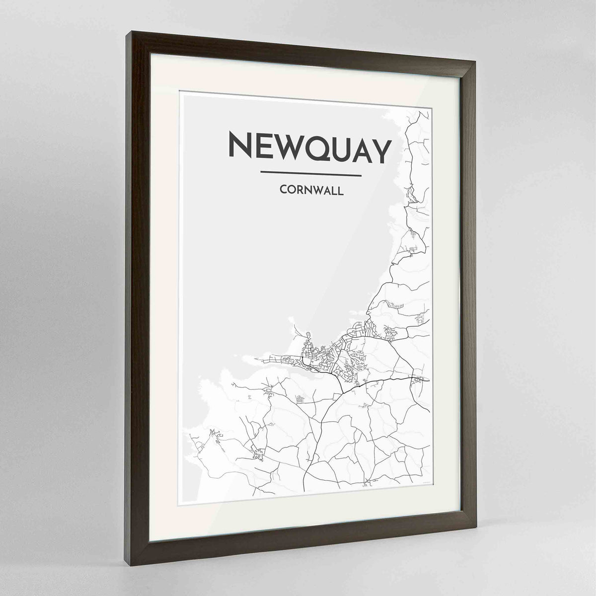 Framed Newquay Map Art Print 24x36&quot; Contemporary Walnut frame Point Two Design Group