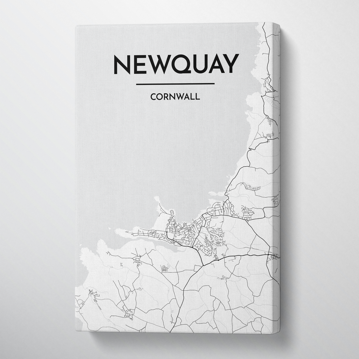 Newquay City Map Canvas Wrap - Point Two Design - Black &amp; White Print