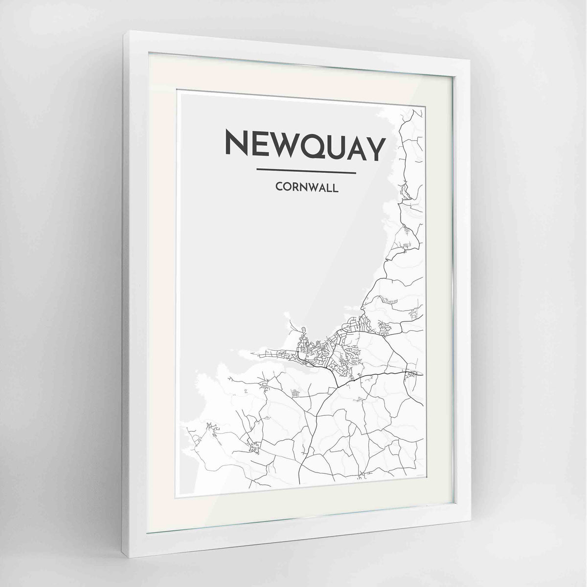 Framed Newquay Map Art Print 24x36&quot; Contemporary White frame Point Two Design Group